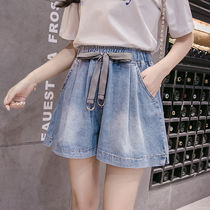 Denim shorts women Summer high waist loose Korean fat MM wide leg elastic waist strap pants 2021 new hot pants tide