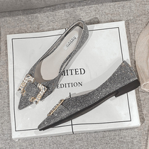 Pointed Flat Bottom Shoes Woman 100 lap 2022 spring autumn new shoes Bean Shoe Water Drill Single Shoe Ladyshoe Big Code 41 1 43