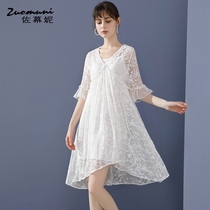 Sousin Ni V-collar embroidered silkworm silk dress loose female 2021 new autumn long lace 11529