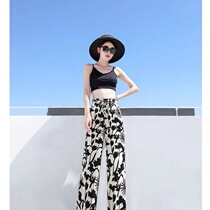 Chiffon color straight summer new high waist loose hanging black and white stripes Ice Silk casual pants wide leg pants women