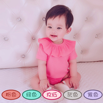 Korean childrens clothing female baby Summer clothes conjoined baby Princess climbing clothes thin short sleeve lotus leaf neck triangle bag