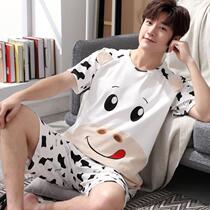 Pajamas for men summer pure cotton short sleeves full cotton style summer teenagers large size students thin mens home suit