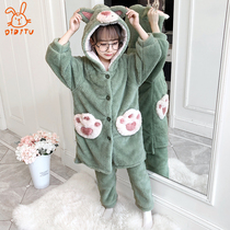 Childrens coral velvet pajamas autumn and winter thickened girls baby princess style middle child flannel warm set