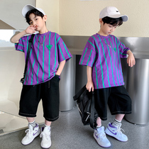 Children suit boy summer dress 2022 new vertical stripe suit short sleeves Two sets of fried street foreign air large tide