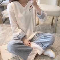 Coral velvet pajamas womens autumn and winter thickened velvet cute can wear flannel home clothes set large size spring