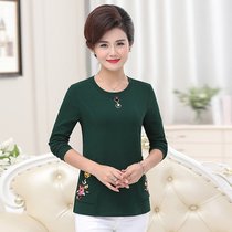 Middle-aged womens spring and Autumn long-sleeved base shirt 40-50 years old new mothers round-neck embroidered T-shirt loose top