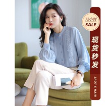 Enjiahui elegant air quality ~ silk shirt 2021 early spring round neck Joker mulberry silk long sleeve lace shirt