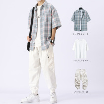 White overalls mens summer thin section loose-legged casual trousers High street ins tide ruffian handsome mens set