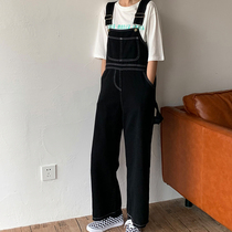 White denim backpack pants female Korean version of loose black size small man straight tube towing wide leg suspenders 2021