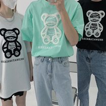 Hualun summer fresh flocked bear pattern couple short sleeve t-shirt boys pure cotton half sleeve boys top