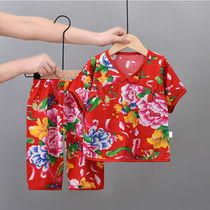 Baby summer thin pajamas Girls national style Childrens cotton Silk baby homewear suit two-piece set for girls