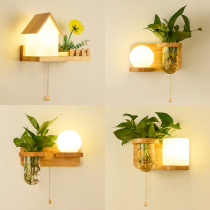 Nordic solid wood wall lamp with switch cable living room wall lamp creative fashion green plant log bedroom bedside lamp