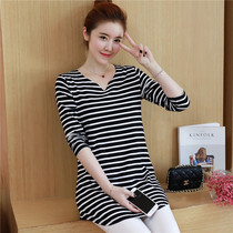 2021 spring and autumn new fat mm plus fat plus 200 pounds striped medium-length base shirt long-sleeved T-shirt women loose