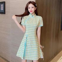 Improved Plaid Cheongsam Women Summer 2021 New Chinese Style Young Girl Fresh Student Vintage Dress