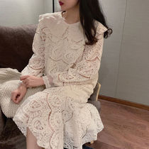 Fay-style sweet and beautiful doll collar with lantern sleeves lace dress and dress lady autumn and winter medium long and thin lotus leaf side hit bottom skirt woman