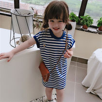 2021 Summer New Kids Casual Mid-Length Dress Girl Navy Wind Blue Striped Sleeveless T-shirt Dress