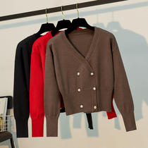 Small knitted cardigan jacket womens Pearl double-breasted shawl spring and autumn black outside with foreign style small fragrant style short sweater