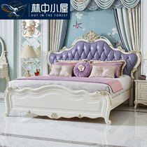 European zhen leather bed 1 8 meters princess wedding bed French solid wood carving double adult bed in the master bedroom bed purple
