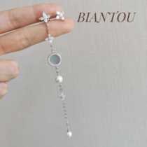 BBiantou New products Europe and America inlaid zircon simple atmosphere pearl Belle mother asymmetrical length ear nail 925 silver needle