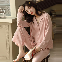 Sleepwear Spring and autumn section Womens pure cotton long sleeves can be worn outside home Clothing Autumn Winter Full Cotton Loose Korean version Large code casual suit