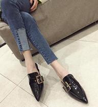 Patent leather pointed head half drag female Korean version 2021 spring and autumn wild metal buckle lazy thick heel bag head half slipper female new