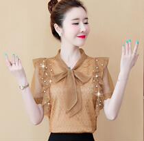  Lace Beat Bottomless Shirt Woman Dress 2020 New Trend Line Foreign Air Mesh Yarn Blouse Summer Short Sleeve Snow-spinning Lining