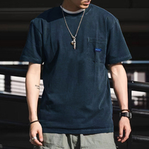 270g heavy Xishan Che blue dye washed old short sleeve Yu Wenle tide pocket loose retro couple T-shirt