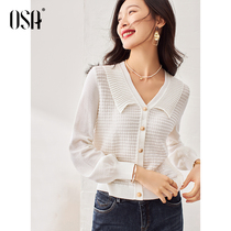 OSA small fragrant white long sleeve knitted cardigan sweater coat early autumn womens 2021 New V neck shirt