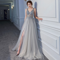 Letty Ruo Tingting 2021 new gray heavy industry Hepburn suspender temperament long dress evening dress birthday party woman