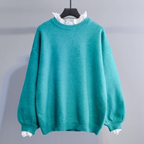 Small fresh sweet and beautiful splicing fake two sets of headsweaters 2021 autumn and winter new lace-side knit cardiovert blouses