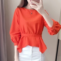 Spring 2018 new women's small shirt Korean version of seven-point sleeve chiffon shirt short shirt Hong Kong style retro waist coat