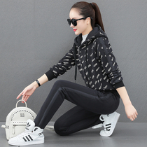 BBQ Casual Sports Suit Womens Winter Plus Suede 2022 New Ocean Gas Tandem Cap Print Loose slim two-piece set