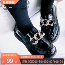 Girls light luxury wind small leather shoes middle child Black Joker shoes rhinestones chain lofty shoes a pedal single shoe