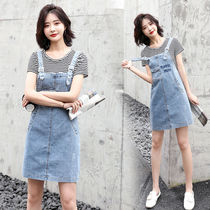 Single piece suit one-piece dress and summer two sets of women 100 hitch Temperament Student Han Edition Loose Denim Harness Skirt Tide