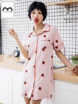 Mulwind Strawberry Pure Cotton Sleeping Skirt Woman Short Sleeve Cute Loose Midskirt Cardiovert Thin student Princess Wind Sleeping dress