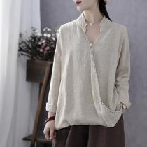 Han Suoyi retro art spring and autumn new V-neck buckle irregular cotton linen jacket women's long sleeve T-shirt linen