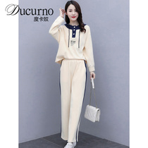 Ducurno Spring Autumn Fashion Casual Sports Suit Womens Reduced Age Loose Even Cap Sweatshirt Broadlegged Pants Two Sets Women