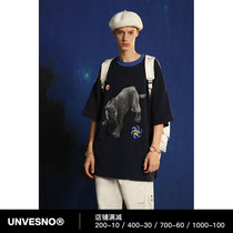 Unvesno (UN) black planet stitching hit color loose casual cotton short-sleeved T-shirt summer genderless