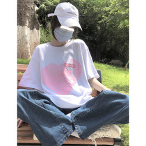 Short sleeve T-shirt female white love print summer 2021 loose Korean tide ins Harajuku style chic blouse