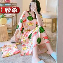 Nightdress women Summer 33 season thin Korean version fresh loose large size cartoon long skirt cute short sleeve long pajamas