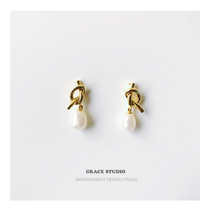 G S France Girl Vintage Retro Temperament Natural Pearl Gold Plated Knotty Ear Nail French Style Elegant Earrings