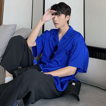 Klein Blue Premium Sense No-Iron Short-Sleeved Shirt Mens Summer Ice Silk Loose Thin Handsome Shirt Light Cooked Mens Wear