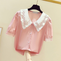 South Korea 2021 Summer New Snow Textile Shirt Shirt Reduction Dolls Collar Retro Temperament Bubble Sleeves Super Fairy Lining Womens Blouse