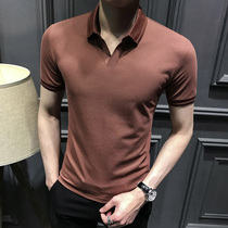 MTI~ summer mens short-sleeved lapel polo shirt Korean version casual V-neck slim T-shirt
