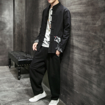 Autumn ethnic style Tang suit male youth cotton linen Chinese style leisure embroidery Hanfu retro two-piece set tide