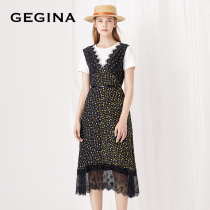 GEGINA Gigina women floral lace lace-up 100% mulberry silk dress women short sleeve stitching fake two pieces