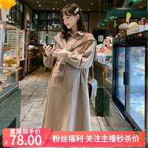 Pregnant woman Libra dress Autumn style Fashion POLO Collar Long Sleeves Cashew Stripe Shawl Mid-Skirt Woman Open Button Lactation Bra