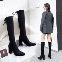 But knee-high boots womens autumn and winter pointed high heels 2021 new elastic boots thick heels plus velvet boots show thin boots