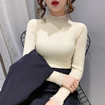 New 2020 Lace Splice Long Sleeve Knitted Women Half Turtleneck Pullover Sweater Slim base shirt Top Women Tide