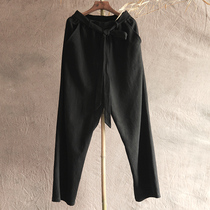 Spring and summer cotton and hemp mens casual loose pants Straight pants Chinese style lace-up meditation pants Mid-rise pants Wide-legged pants